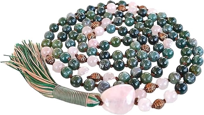 Energized Natural 108 Moss Agate Mala Beads Necklace