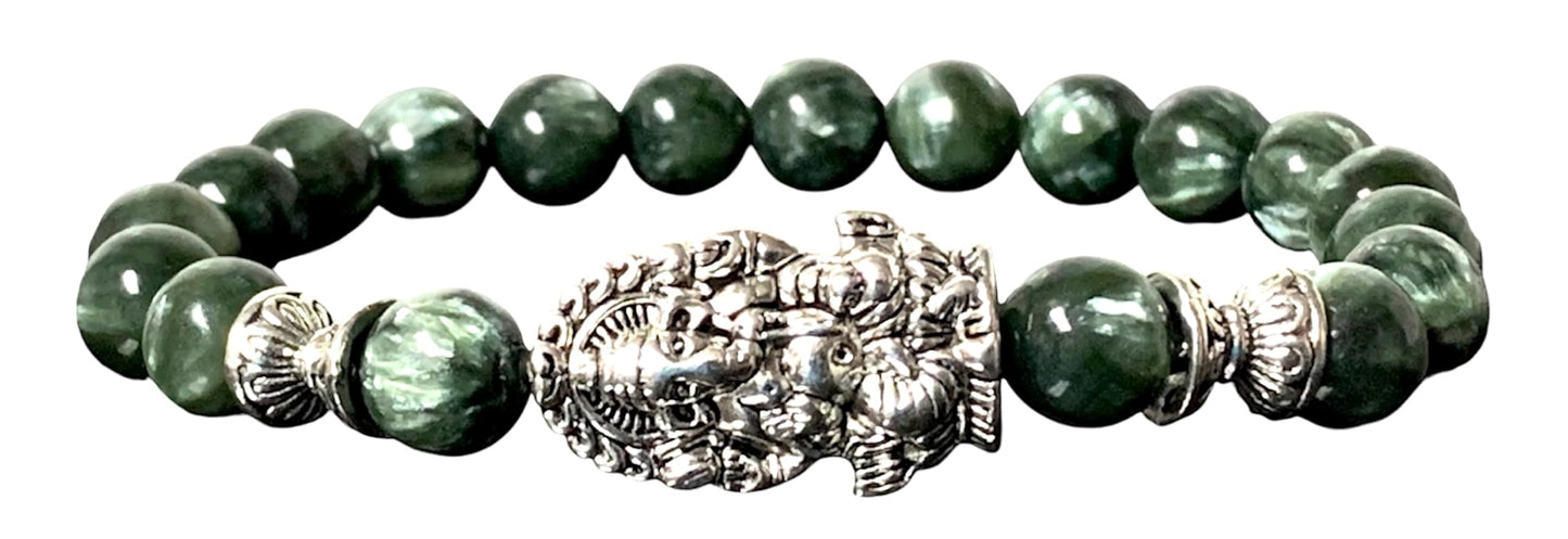 Seraphinite Stretch Bracelet with Choice of Alloy Silver Finish Mother Mary & Holy Cross or Lord Ganesha - Universal Birthstone - Heart & Crown Chakra