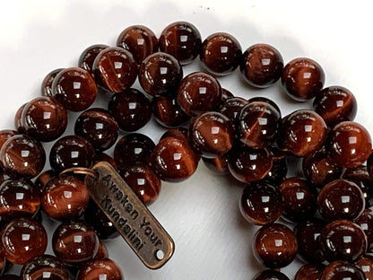 Tiger Eye Tiger's Eye Mala Beads Necklace 3rd Chakra Throat Chakra Healing Crystals 108 Prayer Beads - Grounding Integrity Will Power Intution Insomnia Libido Powerful (RED, Bead size 8 mm)