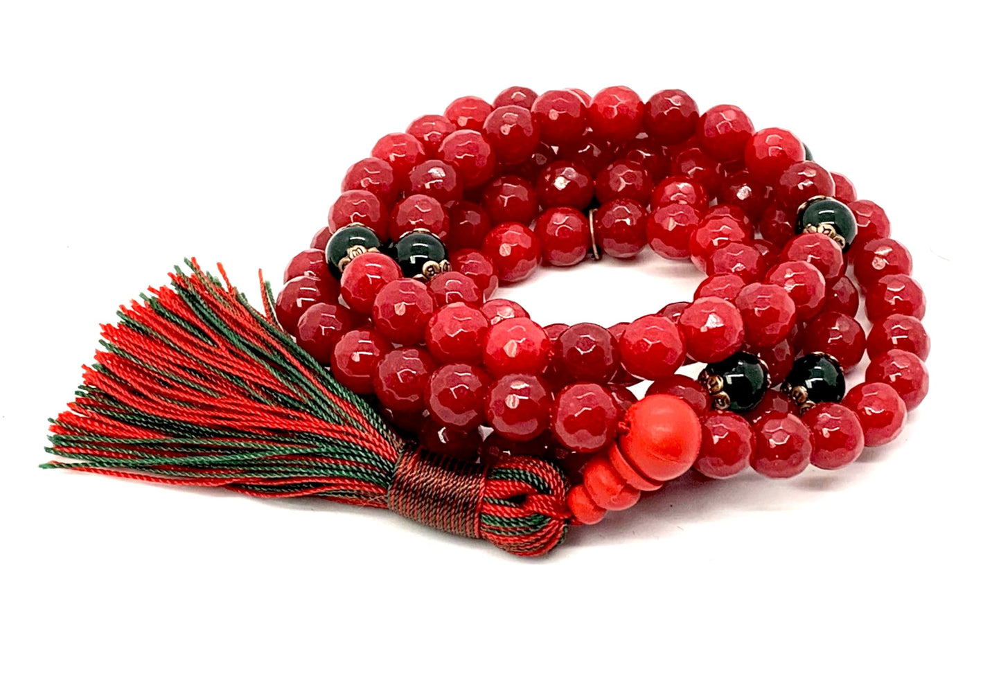 Faceted Red Agate and Green Agate Mala Necklace | 8mm, 108 Beads | August & May Birthstones, Leo & Taurus Zodiac, Heart & Root Chakras