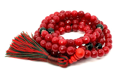 Faceted Red Agate and Green Agate Mala Necklace | 8mm, 108 Beads | August & May Birthstones, Leo & Taurus Zodiac, Heart & Root Chakras