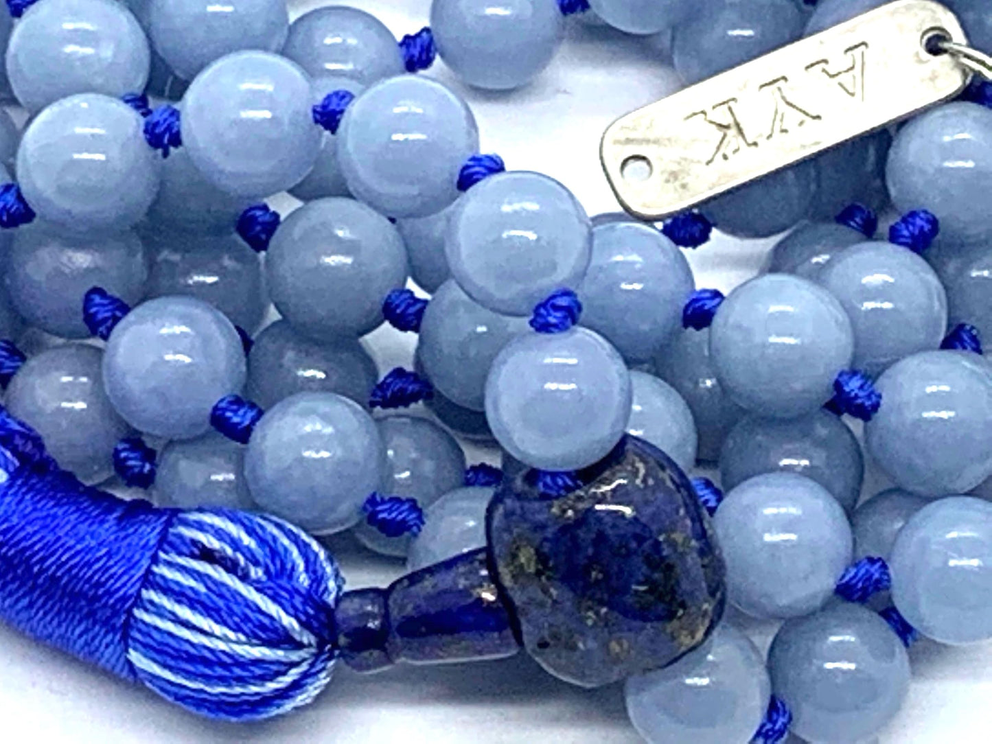 Knotted Blue Angelite Mala Beads Necklace,