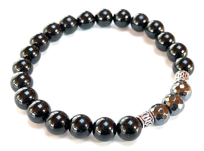 Black Tourmaline & Hematite Beads Stretch Bracelet – Birthstone for October, Sun Sign Scorpio & Libra, Root & Solar Plexus Chakra