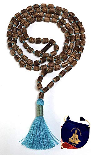 Tulsi mala beads necklace - Energized hand knotted Holy Basil 108 beads w/Velvet Pouch - PURE RAW CUT ROUGH Prayer beads - chanting mantra Meditation - Red Blue Green Orange String (SKY BLUE)