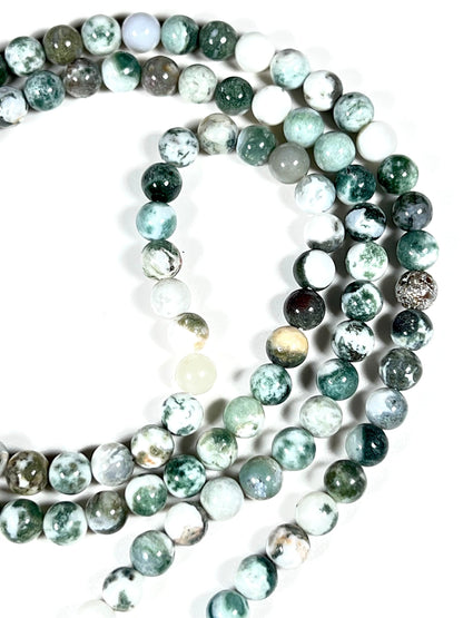 Handmade Green Tree Agate Mala Beads Necklace | 8mm 108 Beads | Hand-Knotted Spiritual Jewelry | Birthstone & Chakra Energy