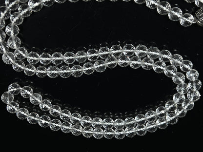 Diamond Cut Crystal Quartz Mala Beads Necklace – 108 Beads – Alloy Guru Bead with "Om Mani Padme Hum" Mantra Inscription – 6mm & 8mm – April Birthstone & Crown Chakra Energy Beads