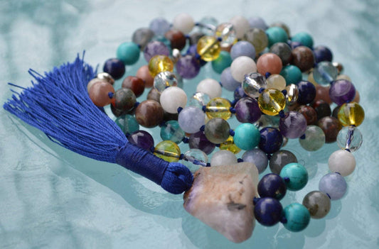 Hand-Knotted Pisces Mala Necklace – February & March Birthstone - Third Eye, Throat, Heart, Solar Plexus and Crown Chakras