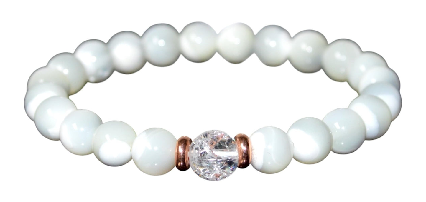 Mother of Pearl & Himalayan Ice Crystal Quartz Bracelet - Gemini & Cancer Birthstone - Heart & Crown Chakra Jewelry