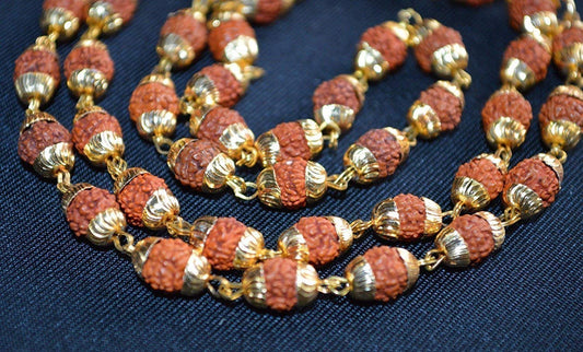 Awaken Harmony & Spiritual Growth - Handmade Rudraksha Kanthi Mala (6mm Beads, Golden Accents) - 5 Mukhi Rudraksh