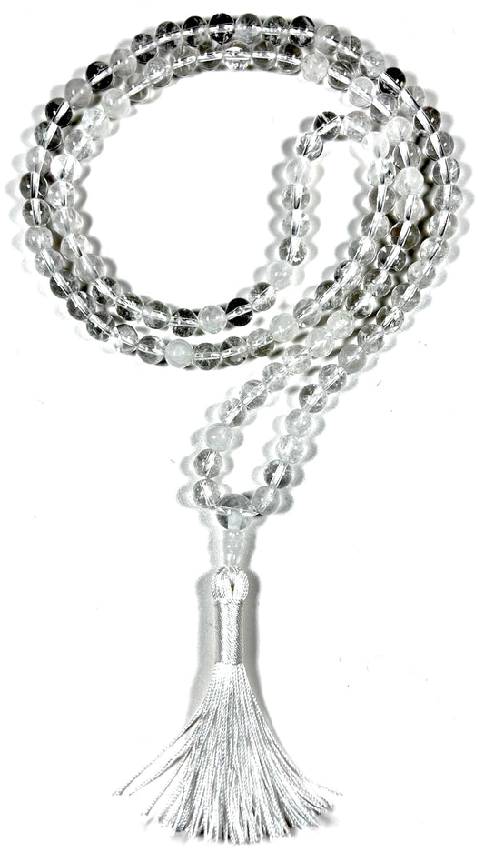 Handmade Nirvana Crystal Quartz Mala Beads Necklace | 8mm 108 Beads | Birthstone for April | Crown Chakra
