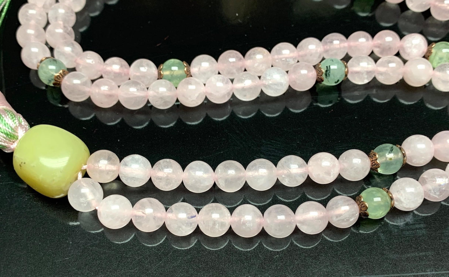 Handmade Blossoming Heart Mala – Rose Quartz & Prehnite Beads | 8mm 108 Beads | September & October Birthstones | Ethically Sourced