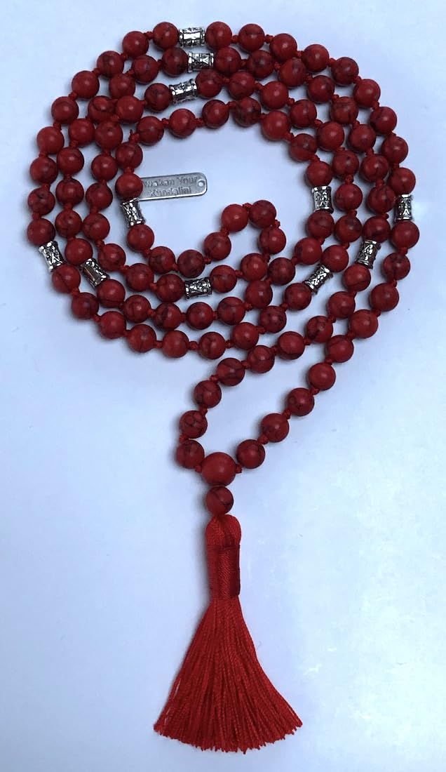 Certified Energized Mala Beads Necklace with COA - Chakra Mala - Japa Mala - 8mm 108 Buddhist Prayer Beads - Meditation Mala - Tassel Necklace – Zodiac/Sun Sign stones (Red Howlite)