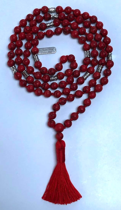 Certified Energized Mala Beads Necklace with COA - Chakra Mala - Japa Mala - 8mm 108 Buddhist Prayer Beads - Meditation Mala - Tassel Necklace – Zodiac/Sun Sign stones (Red Howlite)