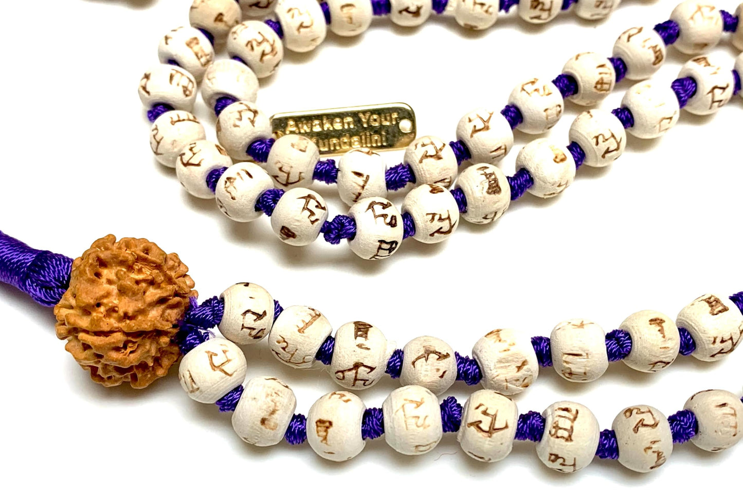 Tulsi Mala Beads Necklace w/ 5 Mukhi Rudraksha – 8mm Beads with "Ram" Inscription – Root Chakra & Aries Birthstone – Meditation Jewelry