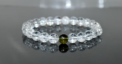 Himalayan Ice Crackled Crystal Quartz and Moldavite Stretch Bracelet – Taurus Birthstone – Universal Sun Sign – Heart Chakra, Spiritual Energy Bracelet
