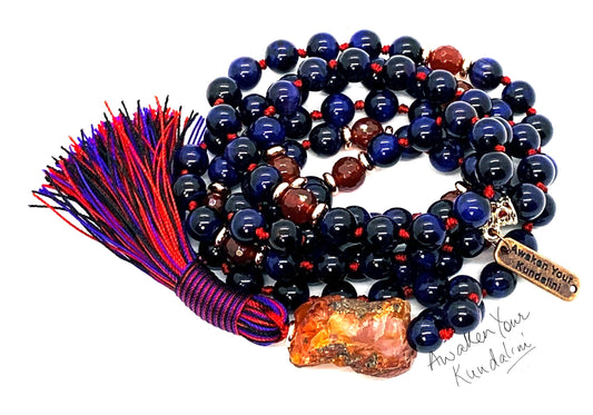 Hand Knotted Royal Vision Mala – Purple Tiger’s Eye with Faceted Carnelian Markers | 8mm 108 Beads | Third Eye & Sacral Chakras | July Birthstone Energy | Ethically Sourced