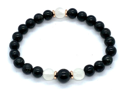 Black Tourmaline and Selenite Stretch Bracelet - October Birthstone for Libra - Root and Crown Chakra Jewelry - Protection Stones