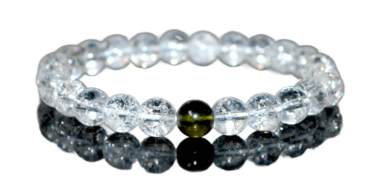 Himalayan Ice Crackled Crystal Quartz and Moldavite Stretch Bracelet – Taurus Birthstone – Universal Sun Sign – Heart Chakra, Spiritual Energy Bracelet
