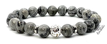 Scenic Jasper and Lava Stretch Bracelet with Choice of Black or Silver Finish Lava Bead – Leo Birthstone and Root Chakra