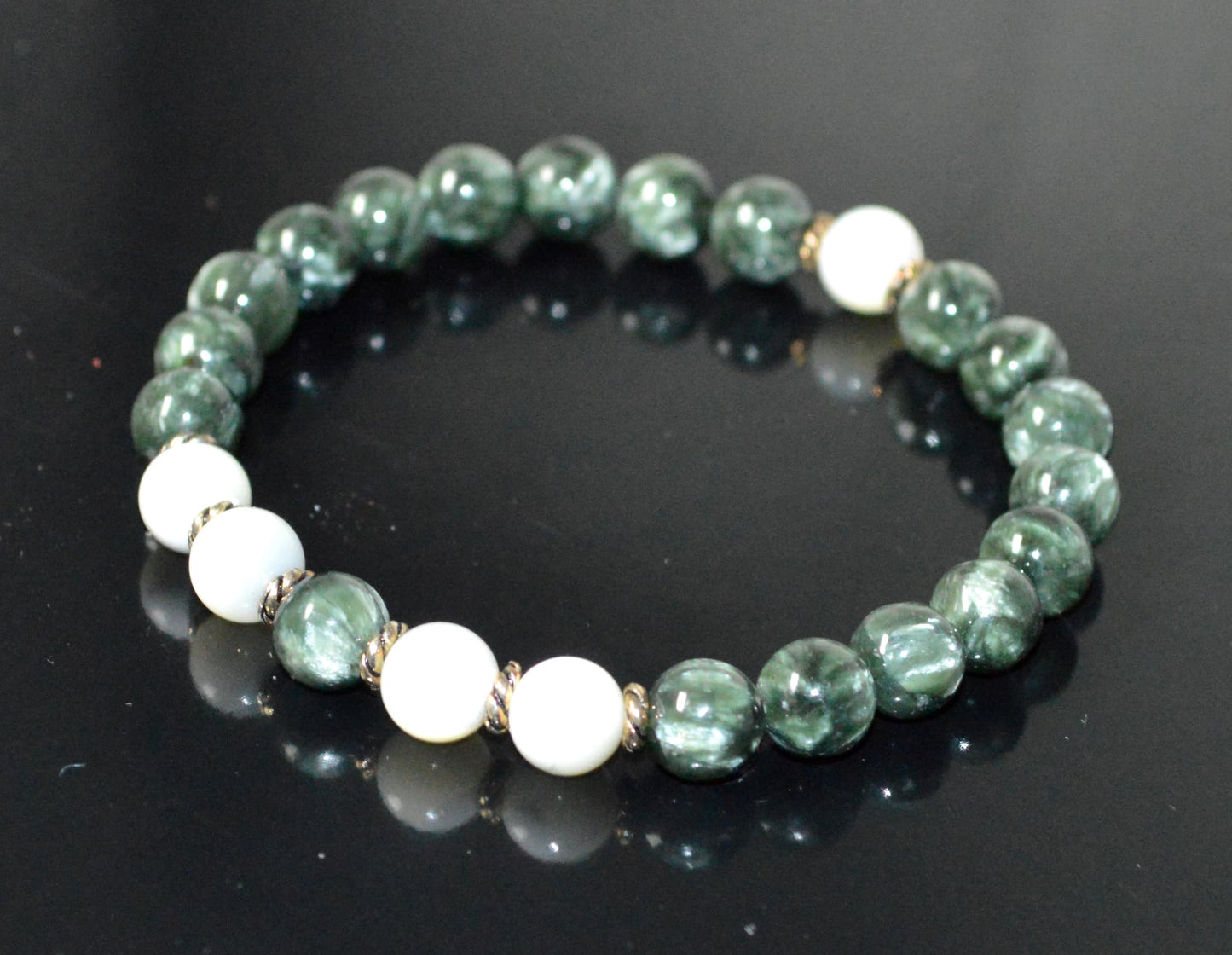 Seraphinite and Mother of Pearl Beads Stretch Bracelet - Universal Birthstone - Heart Chakra Jewelry