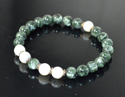 Seraphinite and Mother of Pearl Beads Stretch Bracelet - Universal Birthstone - Heart Chakra Jewelry