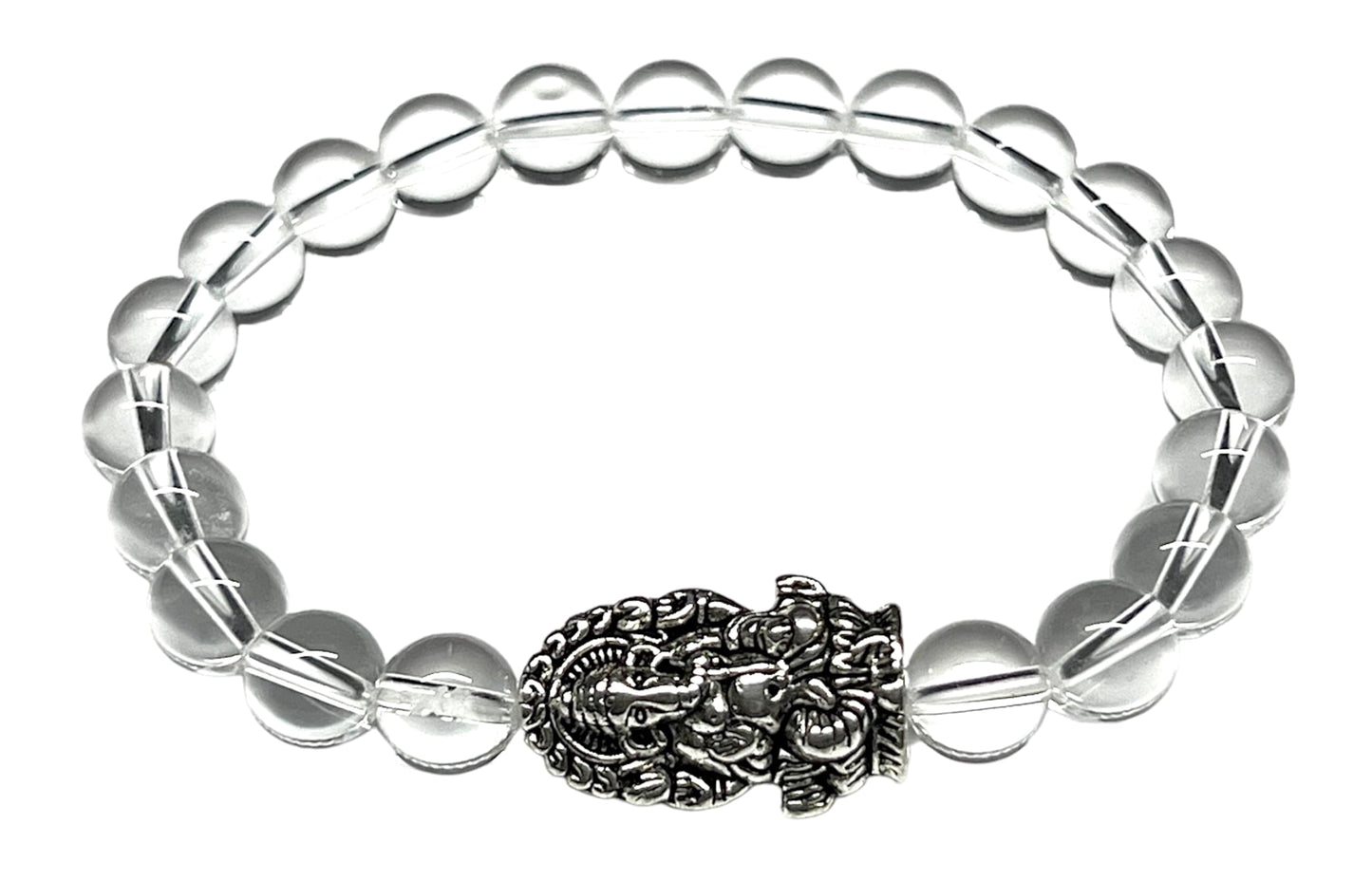 Handmade 8mm Clear Crystal Quartz Stretch Bracelet w/God Ganesha Ganesh Accent | Birthstone for April | Crown Chakra