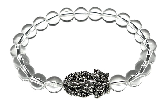 Handmade 8mm Clear Crystal Quartz Stretch Bracelet w/God Ganesha Ganesh Accent | Birthstone for April | Crown Chakra