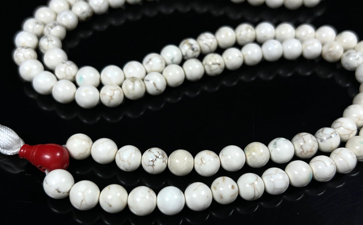 Natural White Howlite Mala Beads Necklace – 6mm & 8mm, 108 Beads – Gemini Birthstone, Crown Chakra Mala