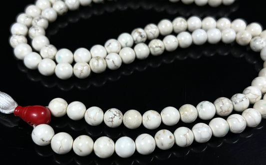 Natural White Howlite Mala Beads Necklace – 6mm & 8mm, 108 Beads – Gemini Birthstone, Crown Chakra Mala