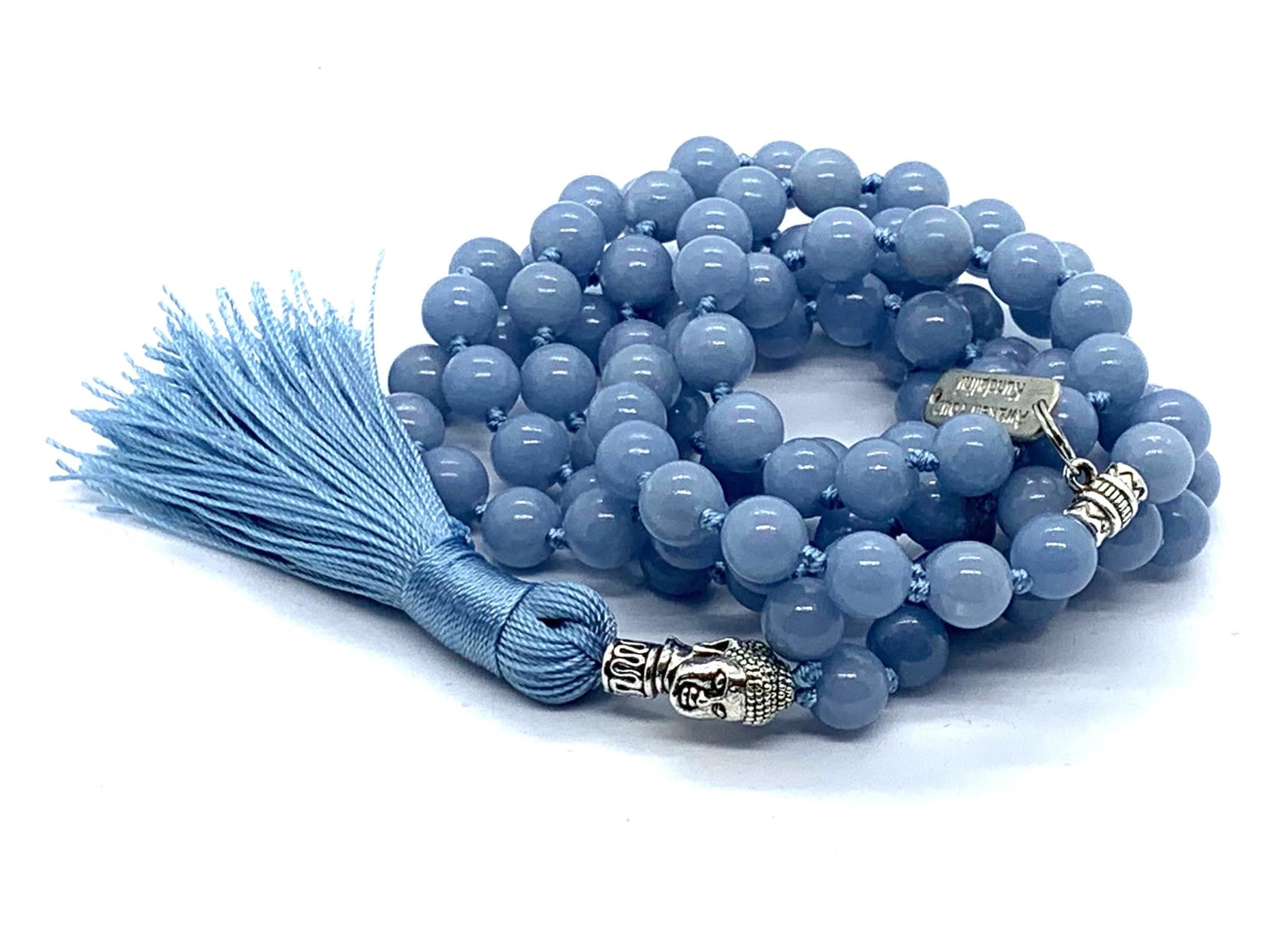 Angelite Beaded Necklace - Hand-Knotted Natural & Ethically Sourced – 8mm 108 Mala Beads – Throat & Crown Chakras – All Zodiac Birthstones – Spiritual Jewelry
