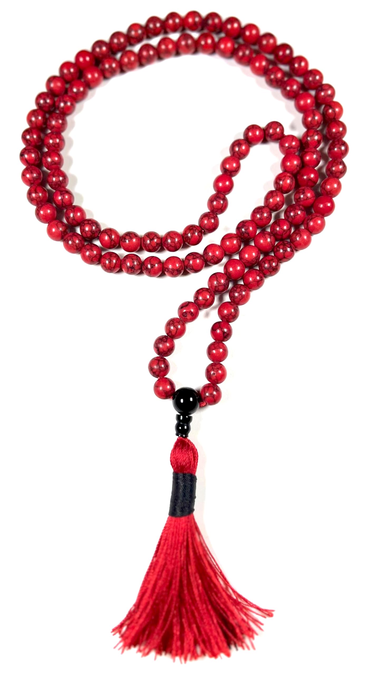 Handmade Red Howlite Mala Beads Necklace | 8mm 108 Beads | Black Onyx Guru Bead | Hand-Knotted Spiritual Jewelry | Birthstone & Root Chakra Energy