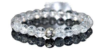 Himalayan Ice Crystal Quartz and Lava Beads Stretch Bracelet – Multi Tone Finish – Aries Birthstone – Universal Sun Sign - Crown Chakra Energy Bracelet