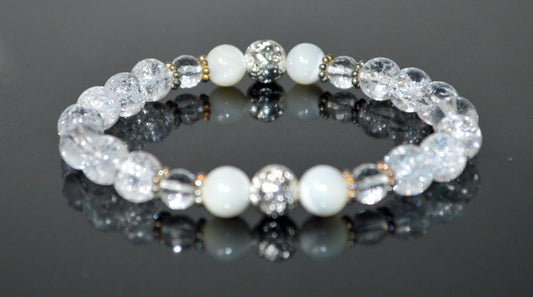 Handmade AAA Crackled and Faceted Crystal Quartz with Mother of Pearl Stretch Bracelet, Gemini Birthstone, May-June Sun Sign, Crown Chakra