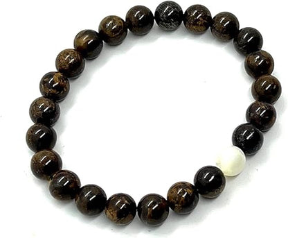 Bronzite & Mother of Pearl Stretch Bracelet (8mm Beads, 7.5 Inches) - Balance & Inner Strength: - Taurus & Gemini Birthstone & Root & Solar Plexus Harmony