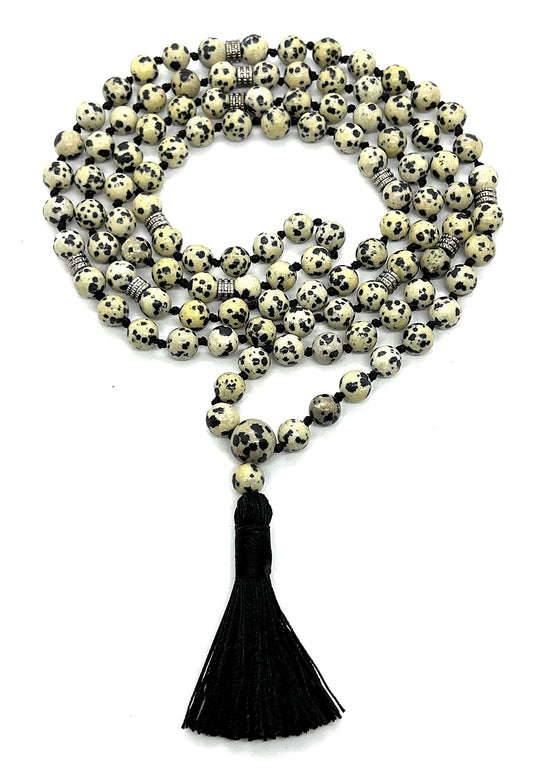 Certified Energized Mala Beads Necklace with COA - Chakra Mala - Japa Mala - 8mm 108 Buddhist Prayer Beads - Meditation Mala - Tassel Necklace – Zodiac/Sun Sign stones (Dalmatian)