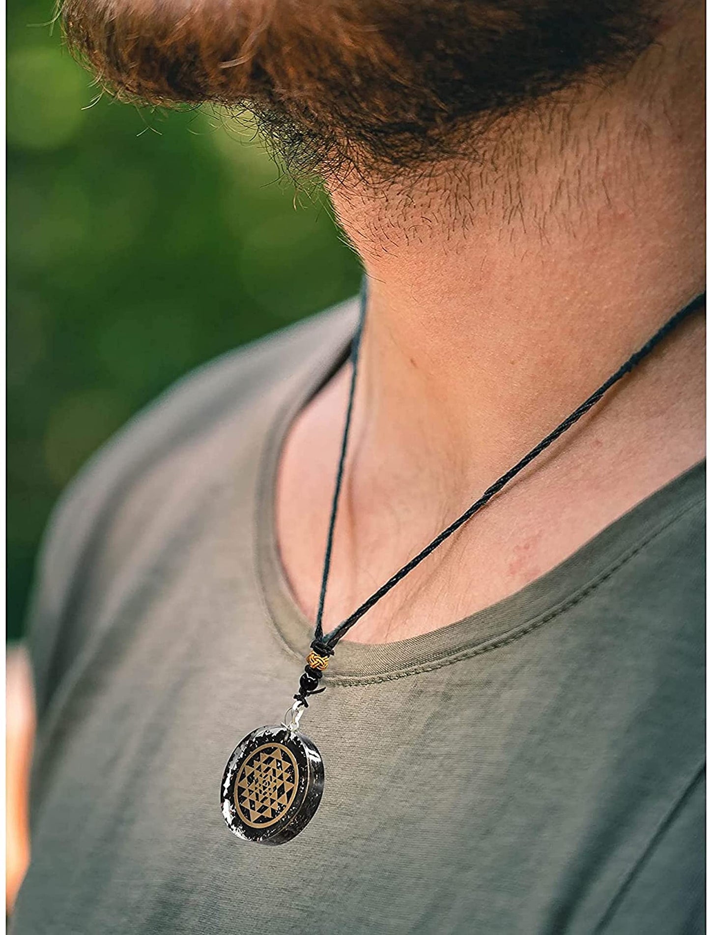 Shungite Sri Yantra Orgone Pendant Necklace, 2 Inch Diameter, Aquarius Gemstone, Root & Crown Chakra - Embrace Harmony: