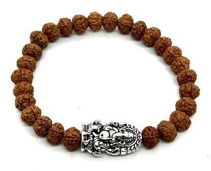 Rudraksha Beads Stretchable Bracelet - 8mm Real Chikna Rudraksh Beads - w/God Ganesha Ganesh Ganpati - Wrist Size 7.5 Inches
