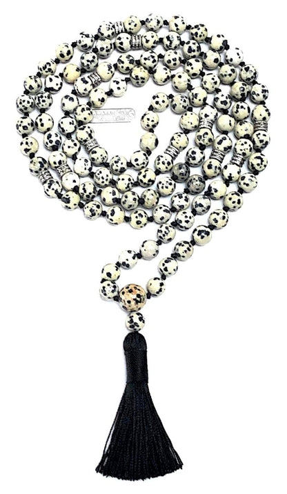 Dalmatian Jasper Mala Necklace: Virgo Birthstone - Balance & Harmony - Root & Crown Chakra (8mm Beads, 44 Inch Length)