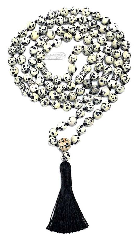 Dalmatian Jasper Mala Necklace: Virgo Birthstone - Balance & Harmony - Root & Crown Chakra (8mm Beads, 44 Inch Length)