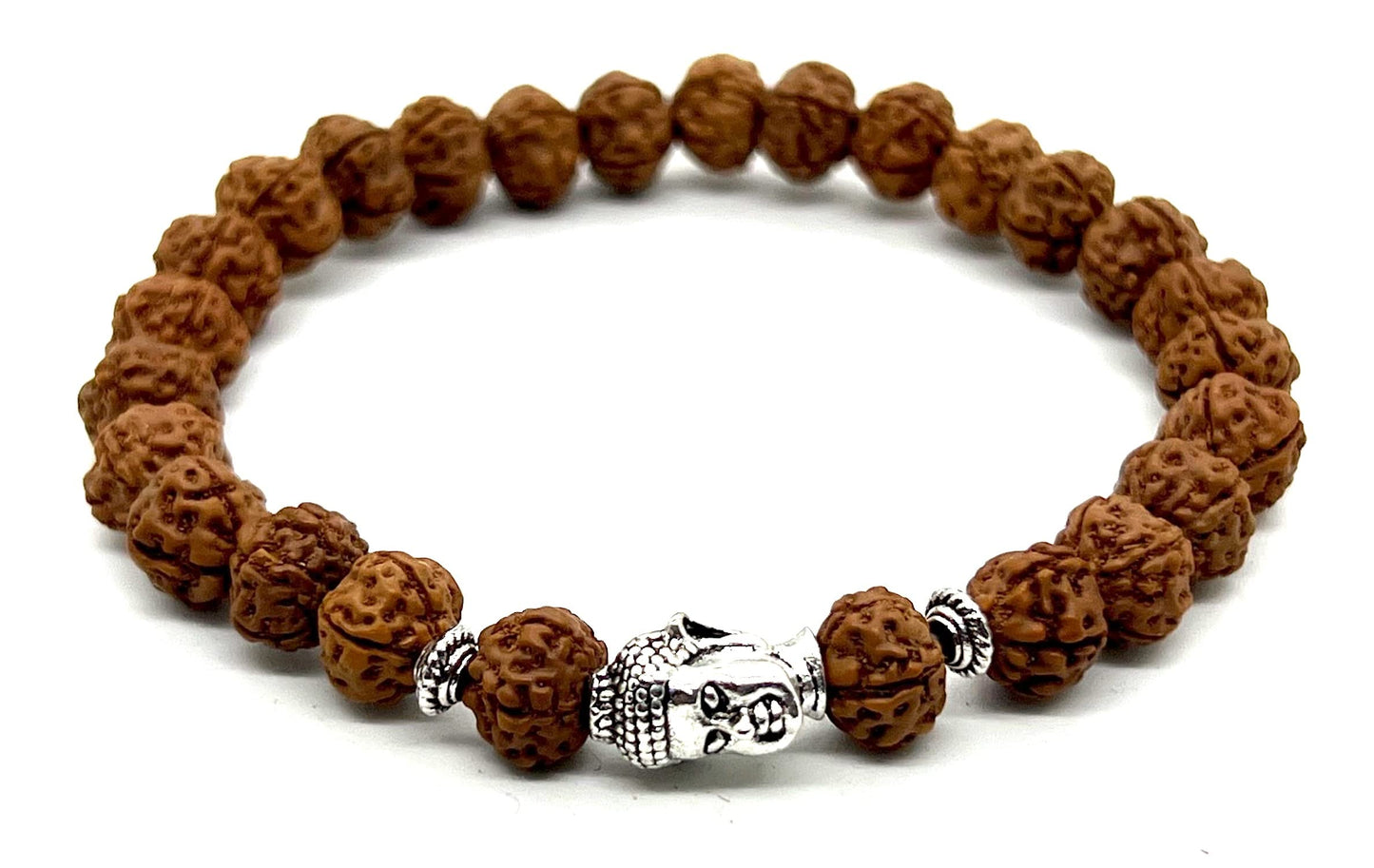 Cultivate Inner Peace: Handmade 5 Mukhi Rudraksha & Buddha Head Bracelet (8mm) - Root Chakra Balance & Universal Birthstone