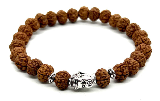 Cultivate Inner Peace: Handmade 5 Mukhi Rudraksha & Buddha Head Bracelet (8mm) - Root Chakra Balance & Universal Birthstone
