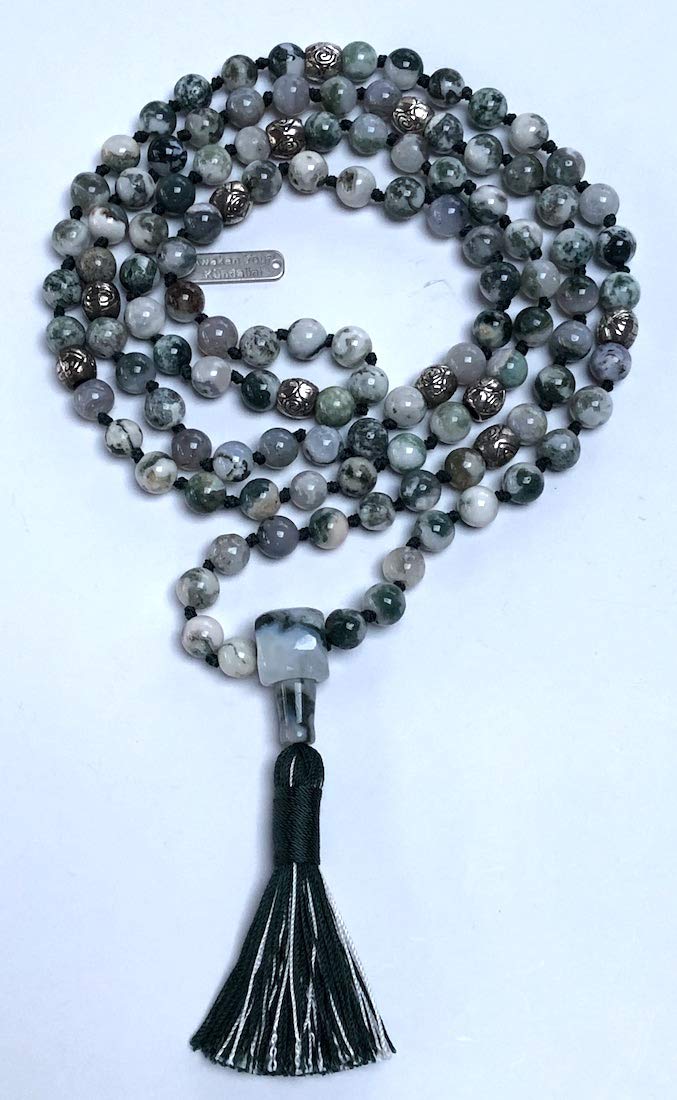 Hand Knotted Green Tree Agate Mala Necklace - Gemini & Virgo Birthstone - Root & Heart Chakra - 8mm 108 Beads with Zinc Alloy Spacers