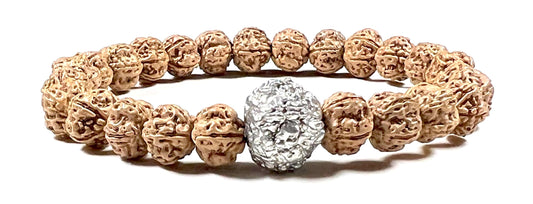 5 Mukhi Chikna Rudraksha with Parad (Mercury) Bead Stretch Bracelet – Leo Birthstone, Mercury Astrological Sign, Heart Chakra