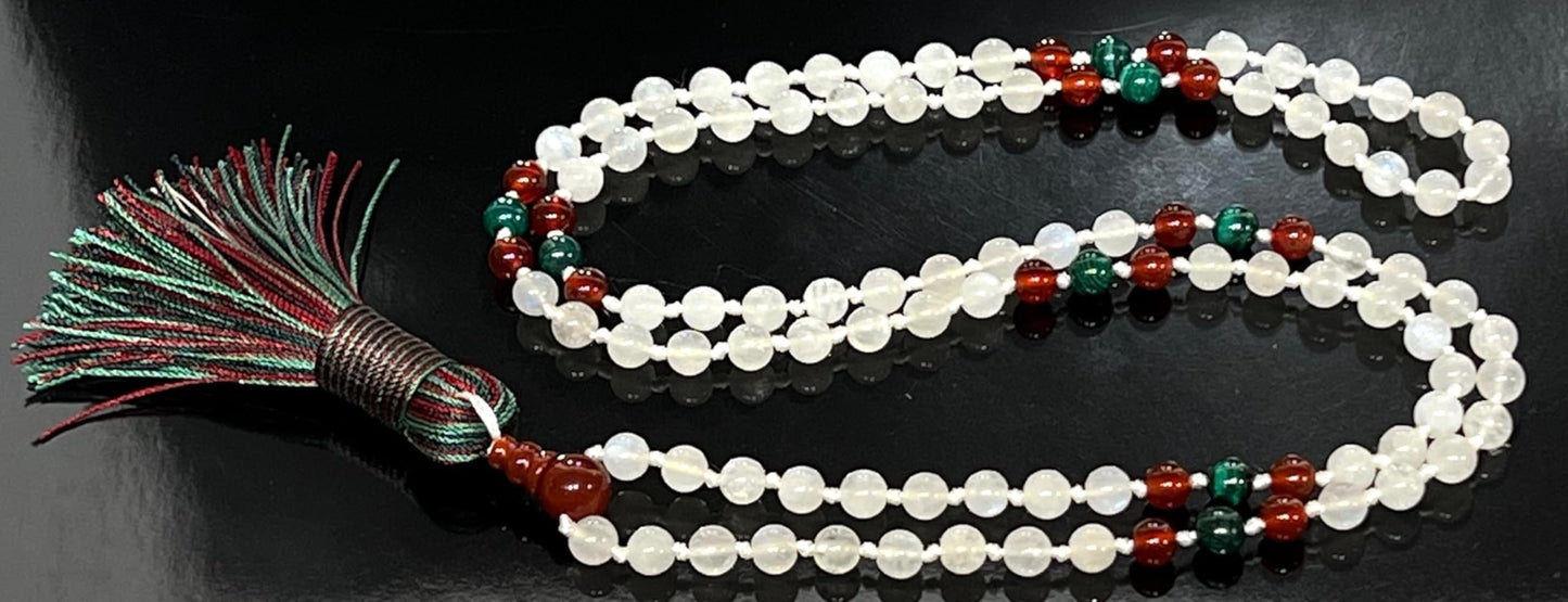 Malachite, Carnelian & Moonstone Knotted Mala Necklace | GAIA Collection