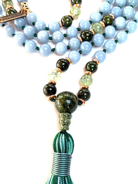 Hand-Knotted Angelite, Tourmaline, Prehnite & Green Jade Mala Beads Necklace | 8mm 108 Beads | Universal Birthstone | Heart & Throat Chakra