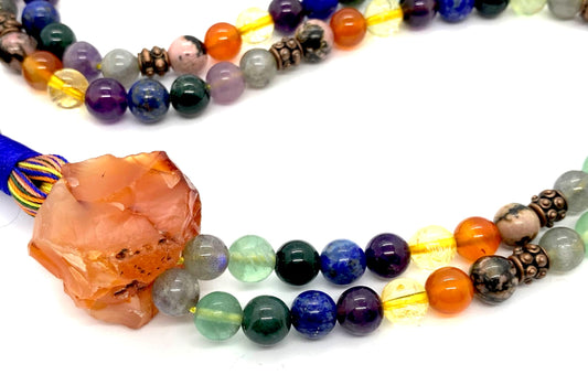 Handmade Protective Aura Mala Beads Necklace – 8mm 108 Beads | Solar Plexus, Third Eye & Heart Chakras | Universal Birthstone Energy | Ethically Sourced