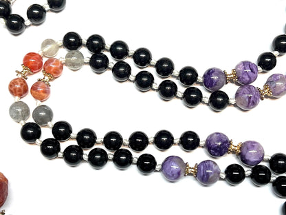 VESTA 108 Hand-Knotted Labradorite, Fire Agate, Tourmaline & Charoite Mala Necklace | Root & Sacral Chakra Healing | Leo, Scorpio & Capricorn Birthstone | Handmade in USA