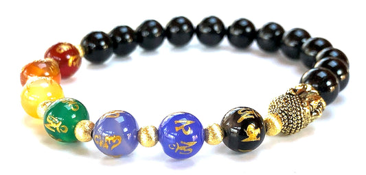 7 Chakra Black Tourmaline & Buddha Stretch Bracelet – 8mm Beads - Onyx Beads with "Om Mani Padme Hum" Inscription – Chakra Balancing & Zodiac Birthstones