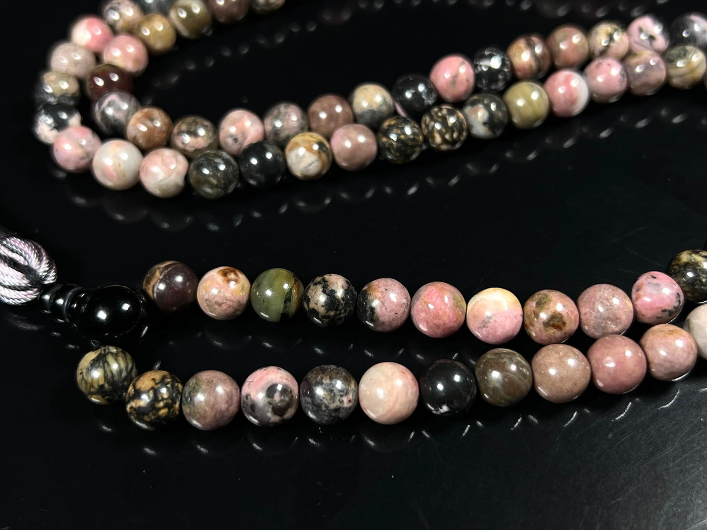 Rhodonite Mala Beads Necklace – 8mm, 108 Beads – Heart Chakra, Taurus & Libra Birthstone