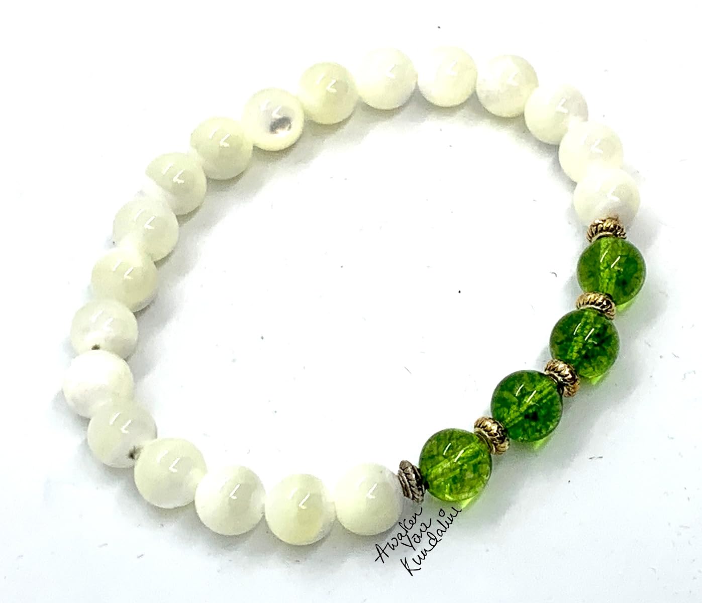 Peridot and Mother of Pearl Stretch Bracelet - August Birthstone for Leo and Virgo - Heart Chakra Jewelry